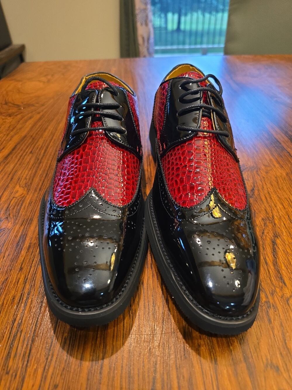 Mens Wingtip Oxford Derby Shoes Fashion Lace Up Brogue Dress Shoe Sz.11Black/Red